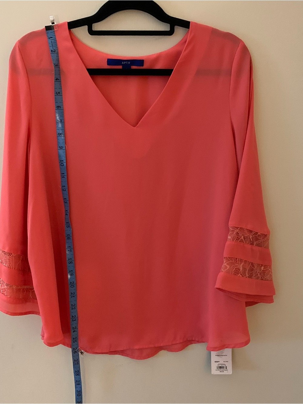 Apt. 9 Coral V-Neck Blouse with Lace Trim Sleeves